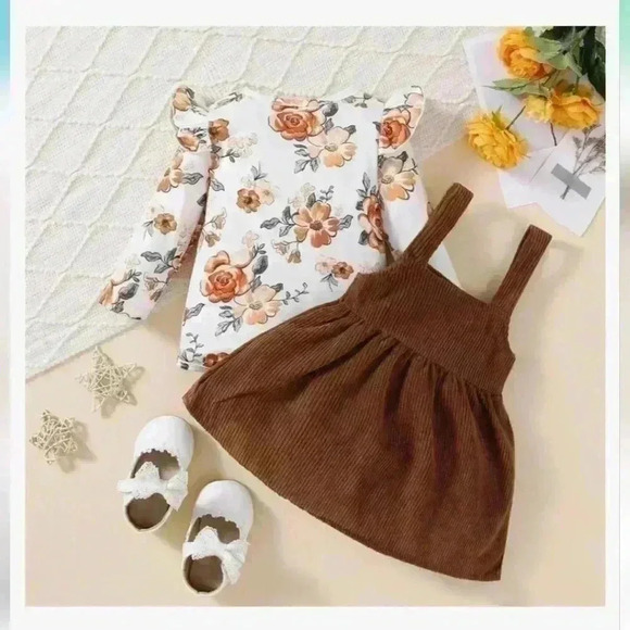 PATPAT | Baby Girl Autumn Long Sleeved Onesie with Brown Corduroy Dress - Picture 2 of 9